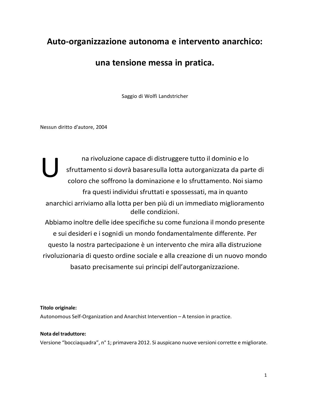 Auto-organizzazione autonoma e intervento anarchico. Una tensione messa in pratica